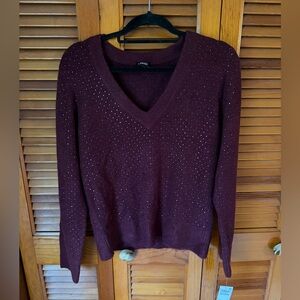 NWT INC International Concepts Burgundy Studded Sparkle V-Neck Sweater Sz Medium